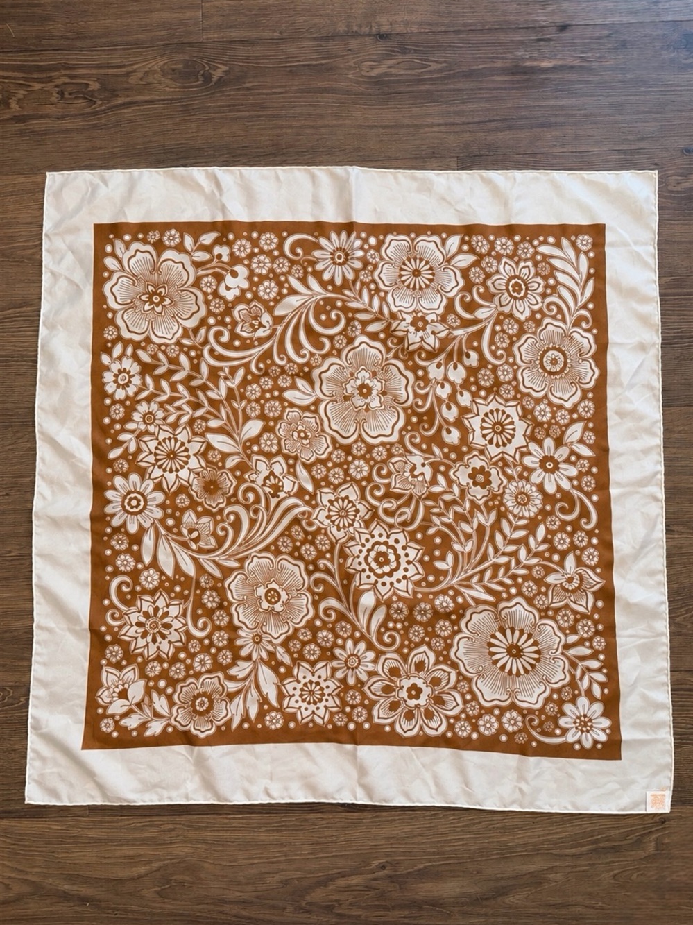 1970s Glentex 100% Silk Scarf Made in Japan Brown Floral Paisley Hand Rolled